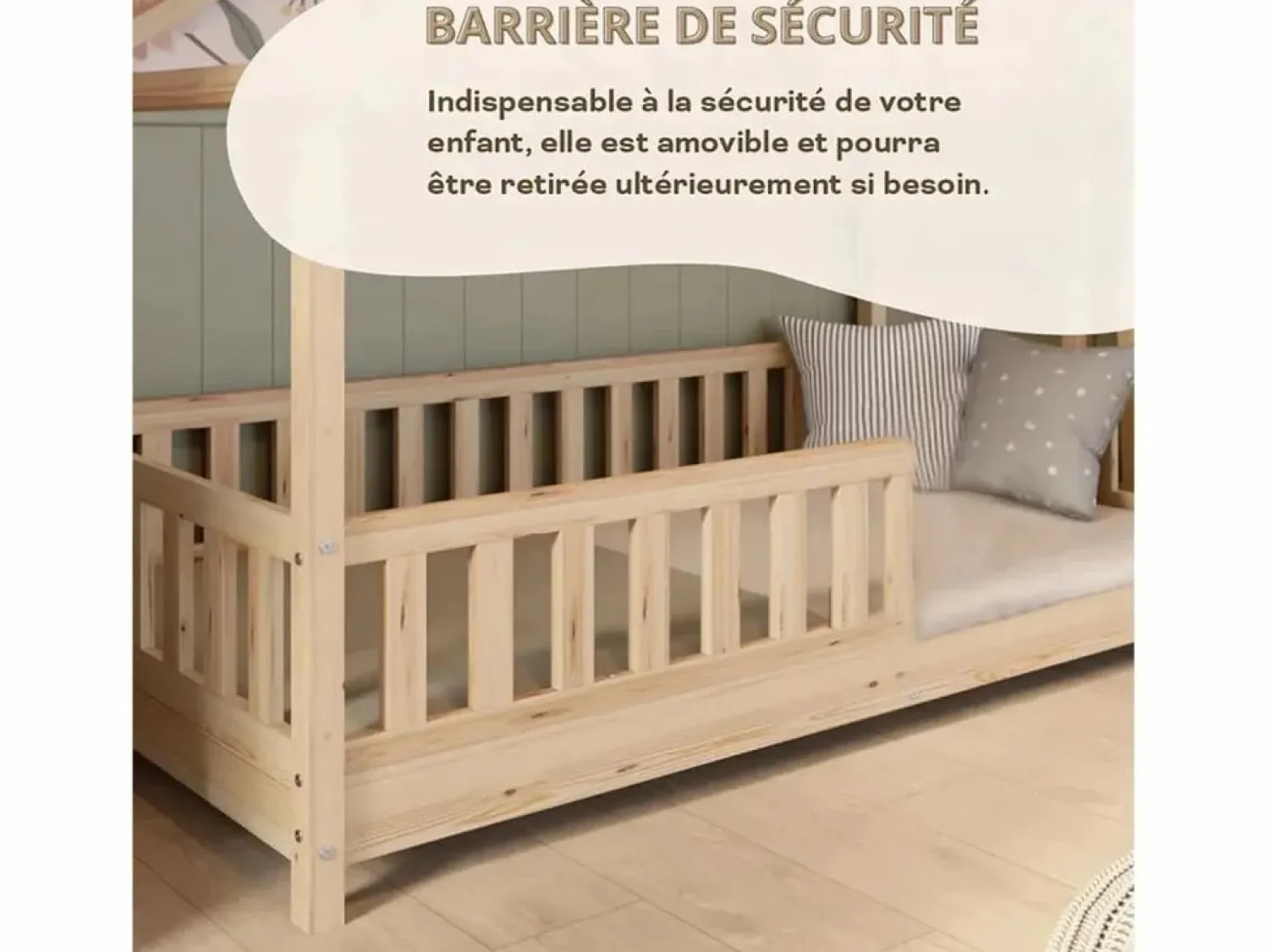 Cama casita infantil BOSCO 90x190 cm en madera de pino natural barnizada con somier de lamas – Estilo escandinavo unisex