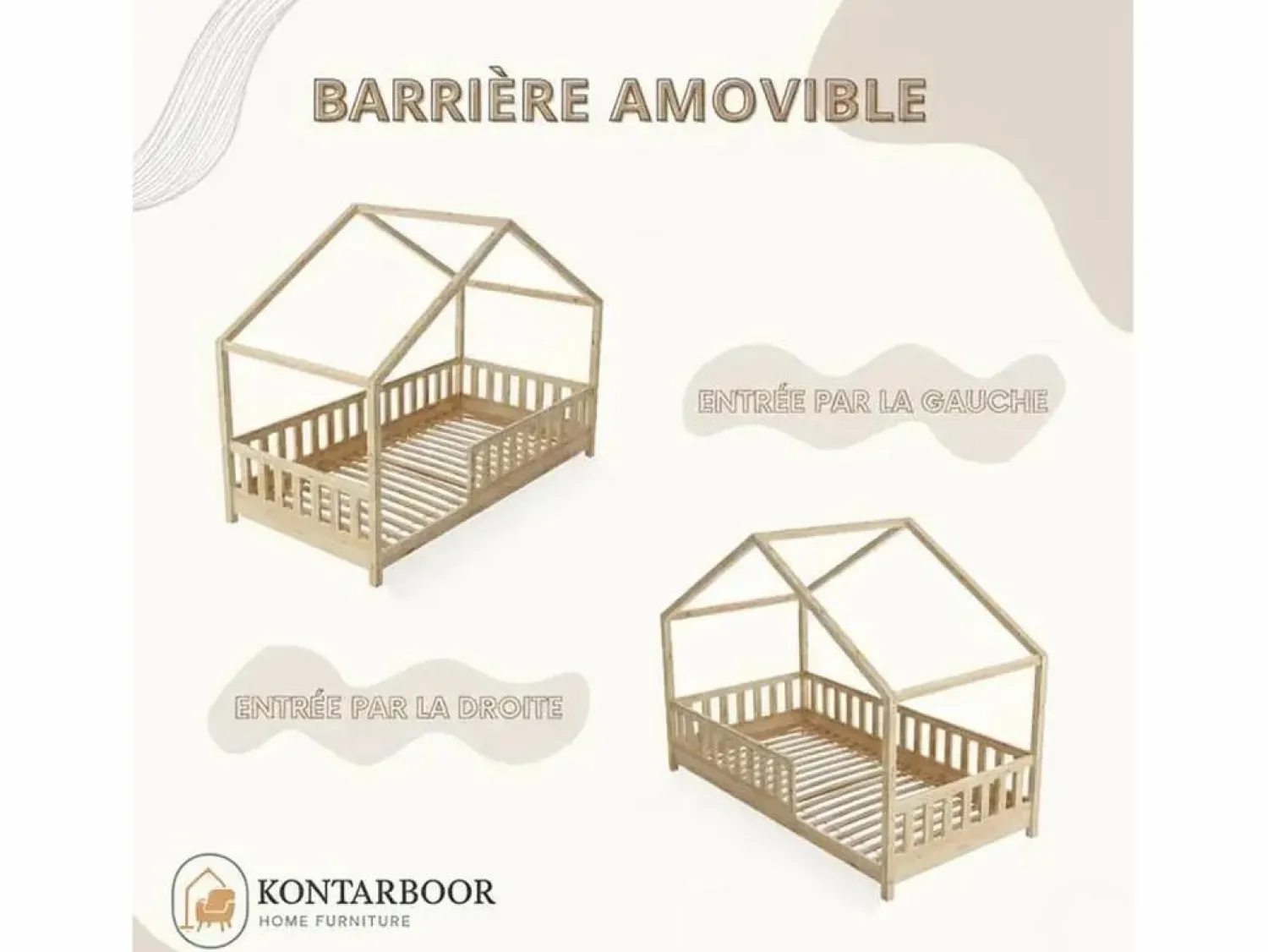 Cama casita infantil BOSCO 90x190 cm en madera de pino natural barnizada con somier de lamas – Estilo escandinavo unisex