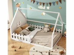 Hauss Spole Cama casita infantil 140x200 cm con barandilla y barra tipo casa, madera de pino, (sin colchón)