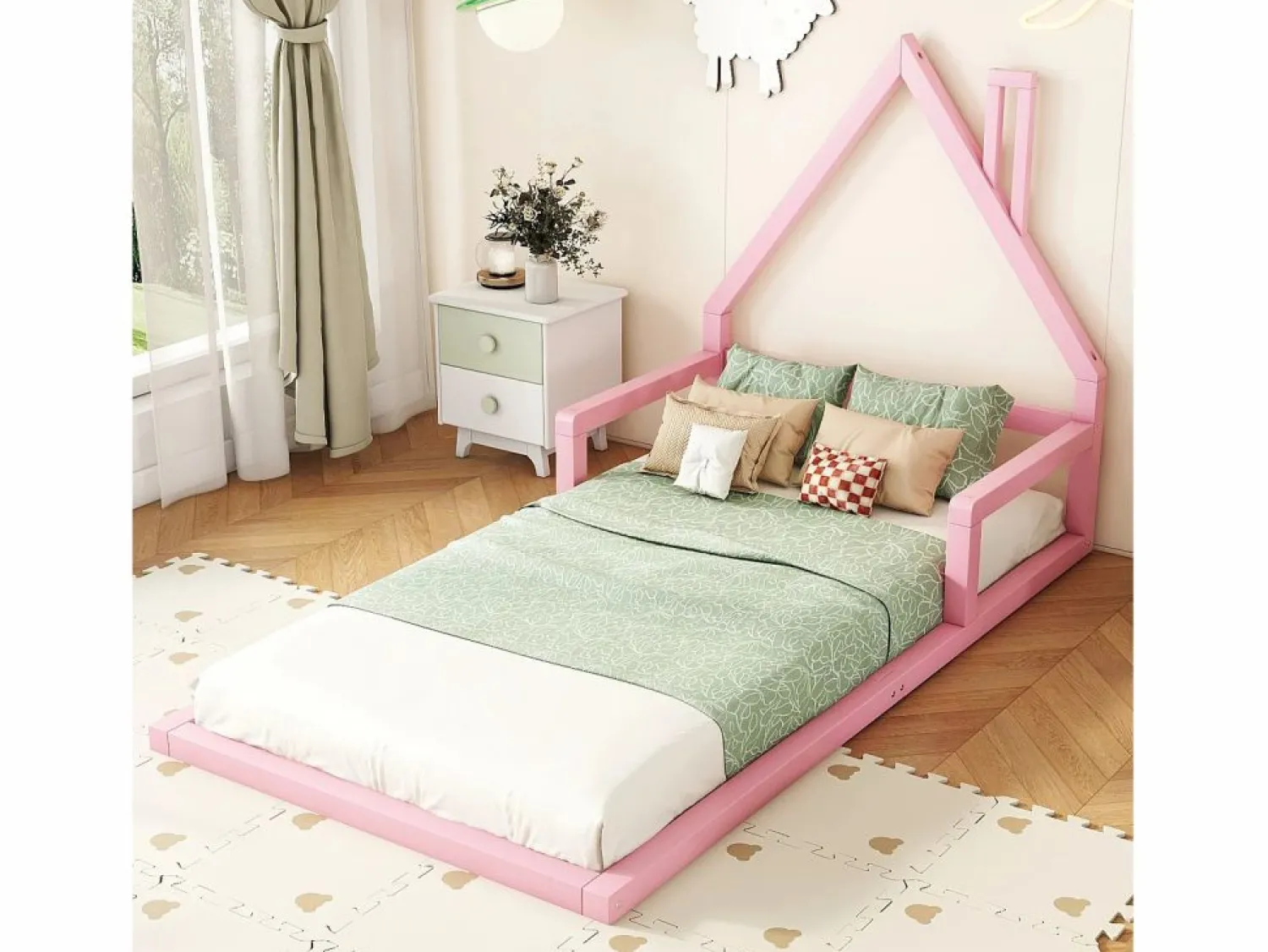 Hauss Spole Cama casita infantil 90x200 cm, en pino con base, diseño casa, fácil de montar (sin colchón) Rosa