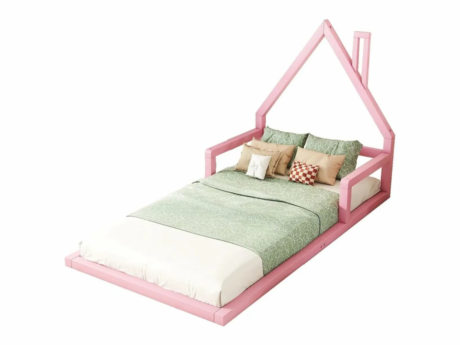 Hauss Spole Cama casita infantil 90x200 cm, en pino con base, diseño casa, fácil de montar (sin colchón) Rosa