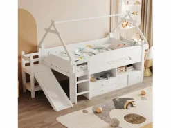 Online Cama casita infantil 90x200 cm - con tobogán de seguridad - con 2 cajones - con barreras de seguridad - ​ (colchón no incluido) Cama Alta