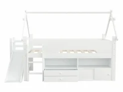 Online Cama casita infantil 90x200 cm - con tobogán de seguridad - con 2 cajones - con barreras de seguridad - ​ (colchón no incluido) Cama Alta