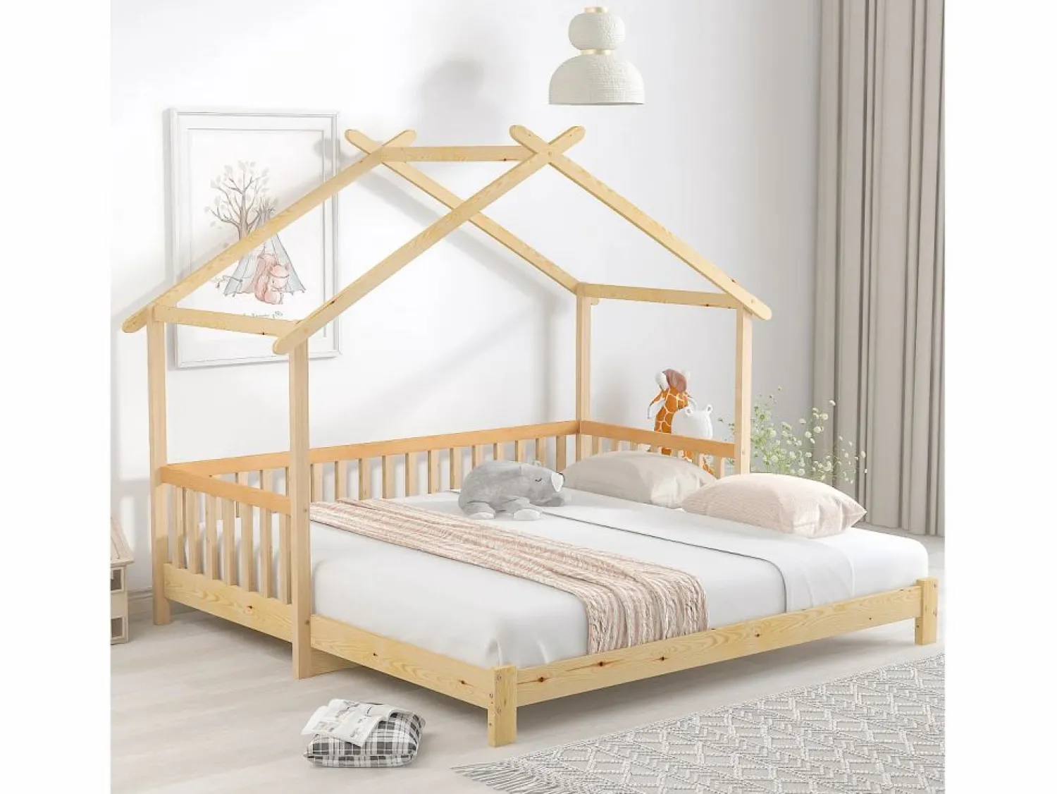 Hauss Spole Cama casita infantil 90/180x200 cm con cama nido, acabado madera natural clara, sin colchón