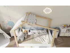 ModernLuxe Cama casita infantil 90x190cm - con somier de láminas - diseño de cabaña de troncos - Madera maciza + MDF - Natural