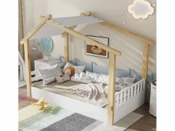 ModernLuxe Cama casita infantil 90x190cm - con somier de láminas - diseño de cabaña de troncos - Madera maciza + MDF - Natural
