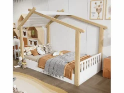 ModernLuxe Cama casita infantil 90x190cm - con somier de láminas - diseño de cabaña de troncos - Madera maciza + MDF - Natural