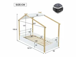 ModernLuxe Cama casita infantil 90x190cm - con somier de láminas - diseño de cabaña de troncos - Madera maciza + MDF - Natural