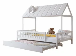 Outlet Cama casita 120x200cm con cama nido 120x190cm, Cama infantil con techo, chimenea, parrilla por 3 lados, pino + MDF, Blanco
