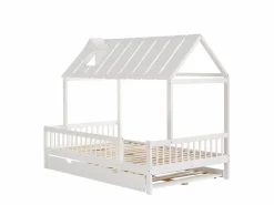 Outlet Cama casita 120x200cm con cama nido 120x190cm, Cama infantil con techo, chimenea, parrilla por 3 lados, pino + MDF, Blanco
