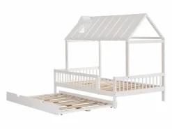 Outlet Cama casita 120x200cm con cama nido 120x190cm, Cama infantil con techo, chimenea, parrilla por 3 lados, pino + MDF, Blanco