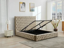 Outlet Vente-unique Cama Chesterfield tamaño queen con almacenaje en terciopelo color - DULENI Topo