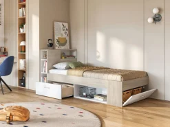 Best Vente-unique Cama compartimentos 90 x 190 cm Color: blanco y natural con colchón. LEANDRE Color natural claro / Blanco