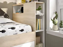 Best Vente-unique Cama compartimentos 90 x 190 cm Color: blanco y natural con colchón. LEANDRE Color natural claro / Blanco