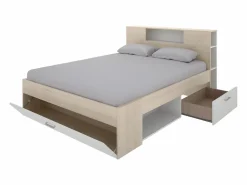 Vente-unique Cama compartimentos 140 x 190 cm color blanco y natural LEANDRE
