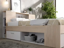 Vente-unique Cama compartimentos 140 x 190 cm color blanco y natural LEANDRE