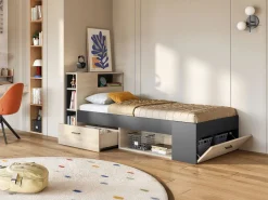 Best Cama con almacenaje 90 x 190 cm Color: natural y antracita con colchón. LEANDRE Cama Infantil