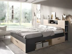 Sale Vente-unique Cama con almacenaje 140 x 190 cm, colores: natural y antracita + somier de láminas - LEANDRE Gris antracita / Color natural claro