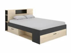 Sale Vente-unique Cama con almacenaje 140 x 190 cm, colores: natural y antracita + somier de láminas - LEANDRE Gris antracita / Color natural claro