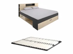Sale Vente-unique Cama con almacenaje 140 x 190 cm, colores: natural y antracita + somier de láminas - LEANDRE Gris antracita / Color natural claro