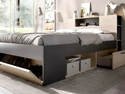 Best Cama con almacenaje 140 x 190 cm natural y antracita + somier + colchón - LEANDRE Cama Adulto