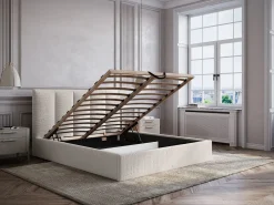 Clearance Cama con almacenaje de 160 x 200 cm con cabecero con costuras verticales tela - KILACLO Cama Con Canapé|Cama Con Almacenaje