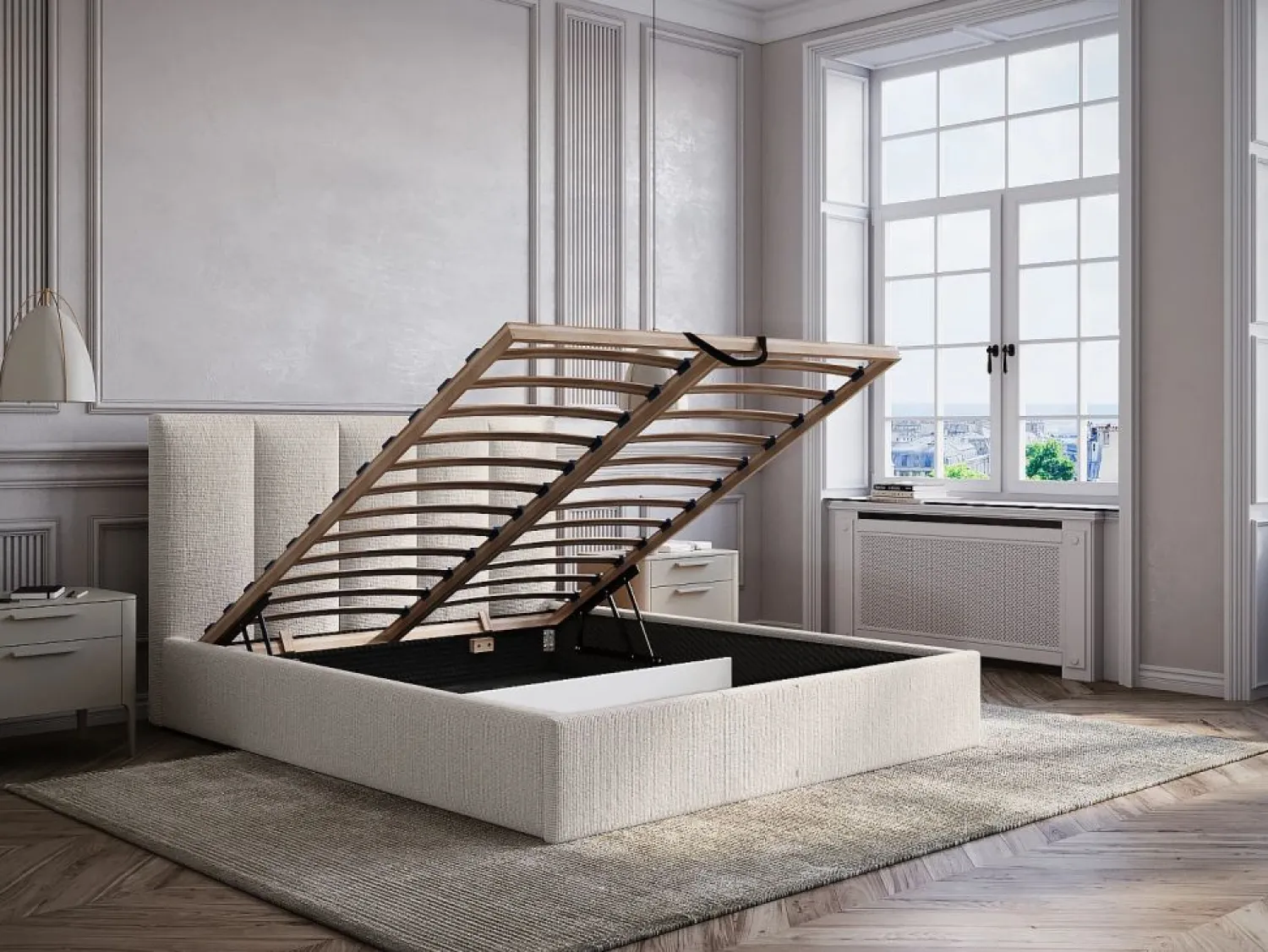 Clearance Cama con almacenaje de 160 x 200 cm con cabecero con costuras verticales tela - KILACLO Cama Con Canapé|Cama Con Almacenaje