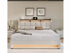 ModernLuxe Cama con almacenaje de lino 180x200 cm con LED y puertos USB - somier -