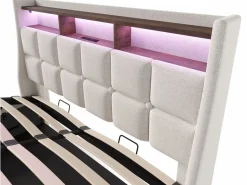 ModernLuxe Cama con almacenaje de lino 180x200 cm con LED y puertos USB - somier -