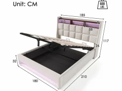 ModernLuxe Cama con almacenaje de lino 180x200 cm con LED y puertos USB - somier -