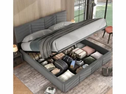 Outlet Cama con almacenaje de terciopelo 180 x 200 cm - cabecero ajustable - estilo rayas - Cama Terciopelo
