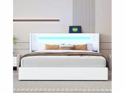 Outlet Cama con almacenaje 160x200 cm - Cama doble con USB, luz LED y reproductor Bluetooth - PU - sin colchón Blanco