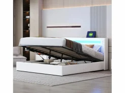 Outlet Cama con almacenaje 160x200 cm - Cama doble con USB, luz LED y reproductor Bluetooth - PU - sin colchón Blanco