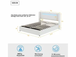 Outlet Cama con almacenaje 160x200 cm - Cama doble con USB, luz LED y reproductor Bluetooth - PU - sin colchón Blanco