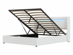 Outlet Cama con almacenaje 160x200 cm - Cama doble con USB, luz LED y reproductor Bluetooth - PU - sin colchón Blanco