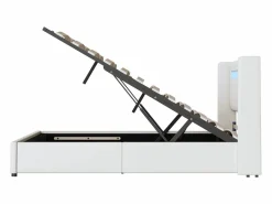 Outlet Cama con almacenaje 160x200 cm - Cama doble con USB, luz LED y reproductor Bluetooth - PU - sin colchón Blanco