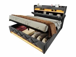 DripeX Cama con almacenaje 160x200 cm en lino , con LED, cabecero con almacenamiento con USB y puerto Type C