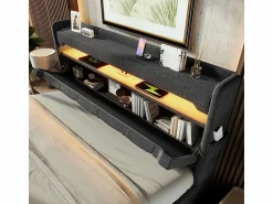 DripeX Cama con almacenaje 160x200 cm en lino , con LED, cabecero con almacenamiento con USB y puerto Type C