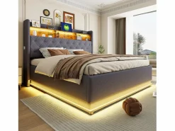 Clearance Cama con almacenaje 180x200 cm para adultos con LED y USB Tipo-C, lino , sin colchón Cama Con Canapé