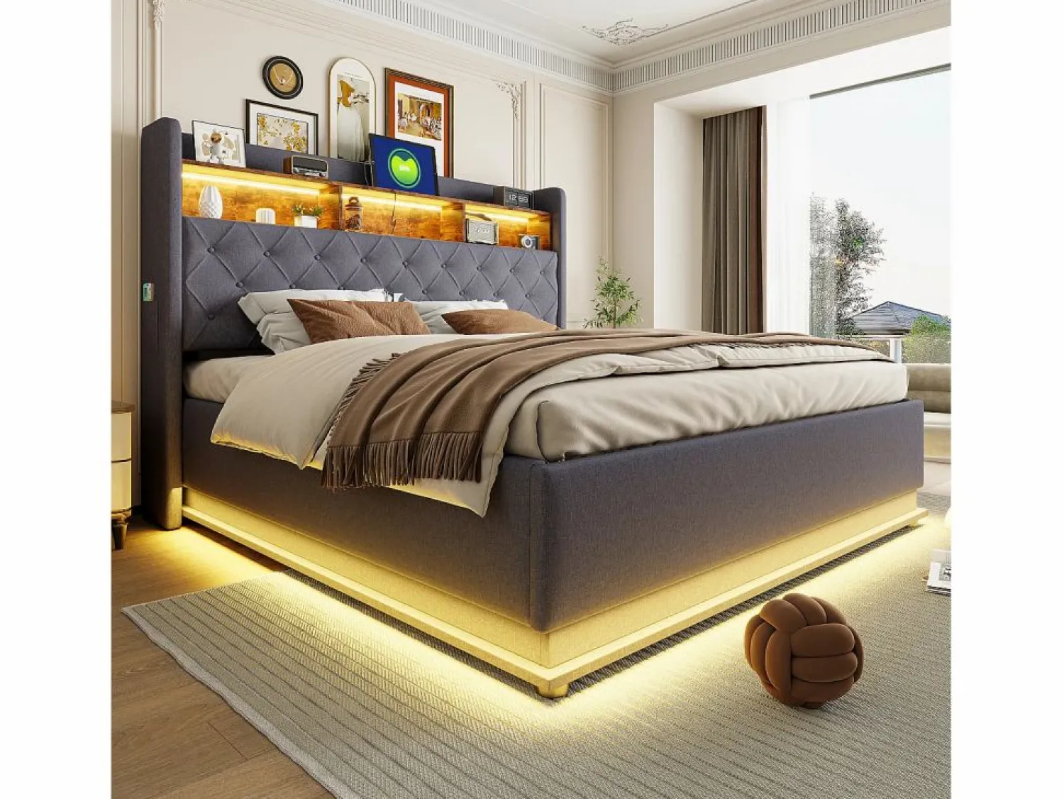 Clearance Cama con almacenaje 180x200 cm para adultos con LED y USB Tipo-C, lino , sin colchón Cama Con Canapé