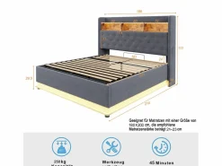 Clearance Cama con almacenaje 180x200 cm para adultos con LED y USB Tipo-C, lino , sin colchón Cama Con Canapé