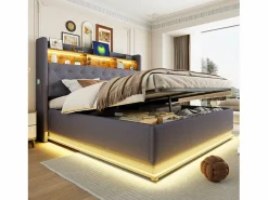 Clearance Cama con almacenaje 180x200 cm para adultos con LED y USB Tipo-C, lino , sin colchón Cama Con Canapé