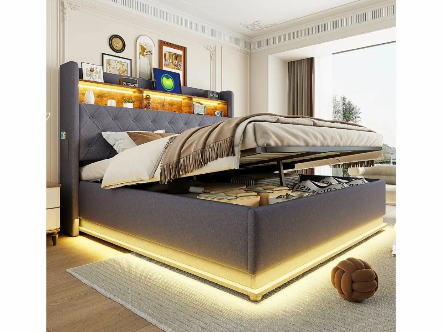 Clearance Cama con almacenaje 180x200 cm para adultos con LED y USB Tipo-C, lino , sin colchón Cama Con Canapé