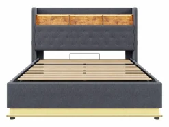 Clearance Cama con almacenaje 180x200 cm para adultos con LED y USB Tipo-C, lino , sin colchón Cama Con Canapé