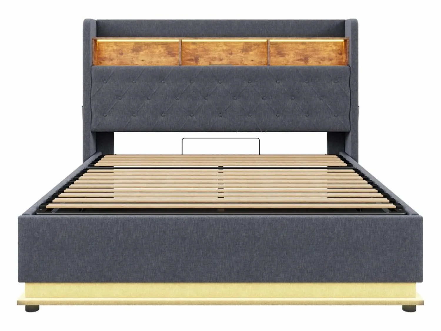 Clearance Cama con almacenaje 180x200 cm para adultos con LED y USB Tipo-C, lino , sin colchón Cama Con Canapé