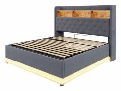 Clearance Cama con almacenaje 180x200 cm para adultos con LED y USB Tipo-C, lino , sin colchón Cama Con Canapé