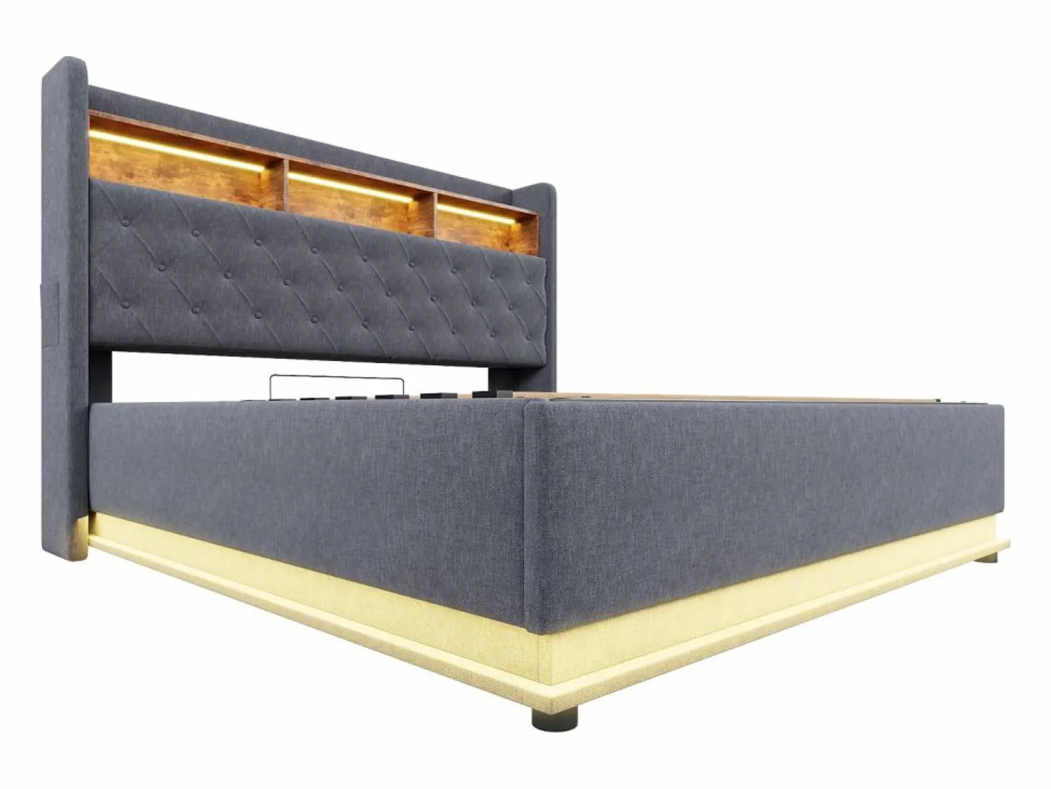 Clearance Cama con almacenaje 180x200 cm para adultos con LED y USB Tipo-C, lino , sin colchón Cama Con Canapé
