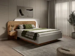 Vente-unique Cama con almacenaje y mesitas de noche 160 x 200 cm y LEDs en color natural y blanco - DESADO