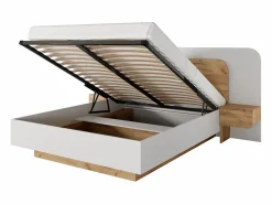 Vente-unique Cama con almacenaje y mesitas de noche 160 x 200 cm y LEDs en color natural y blanco - DESADO