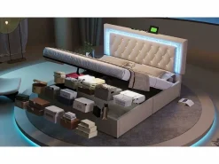 Online Cama con almacenamiento acolchada 180x200cm en terciopelo - con iluminación LED - con puertos USB y Tipo-C - con somier de láminas - (sin colchón) Cama Terciopelo